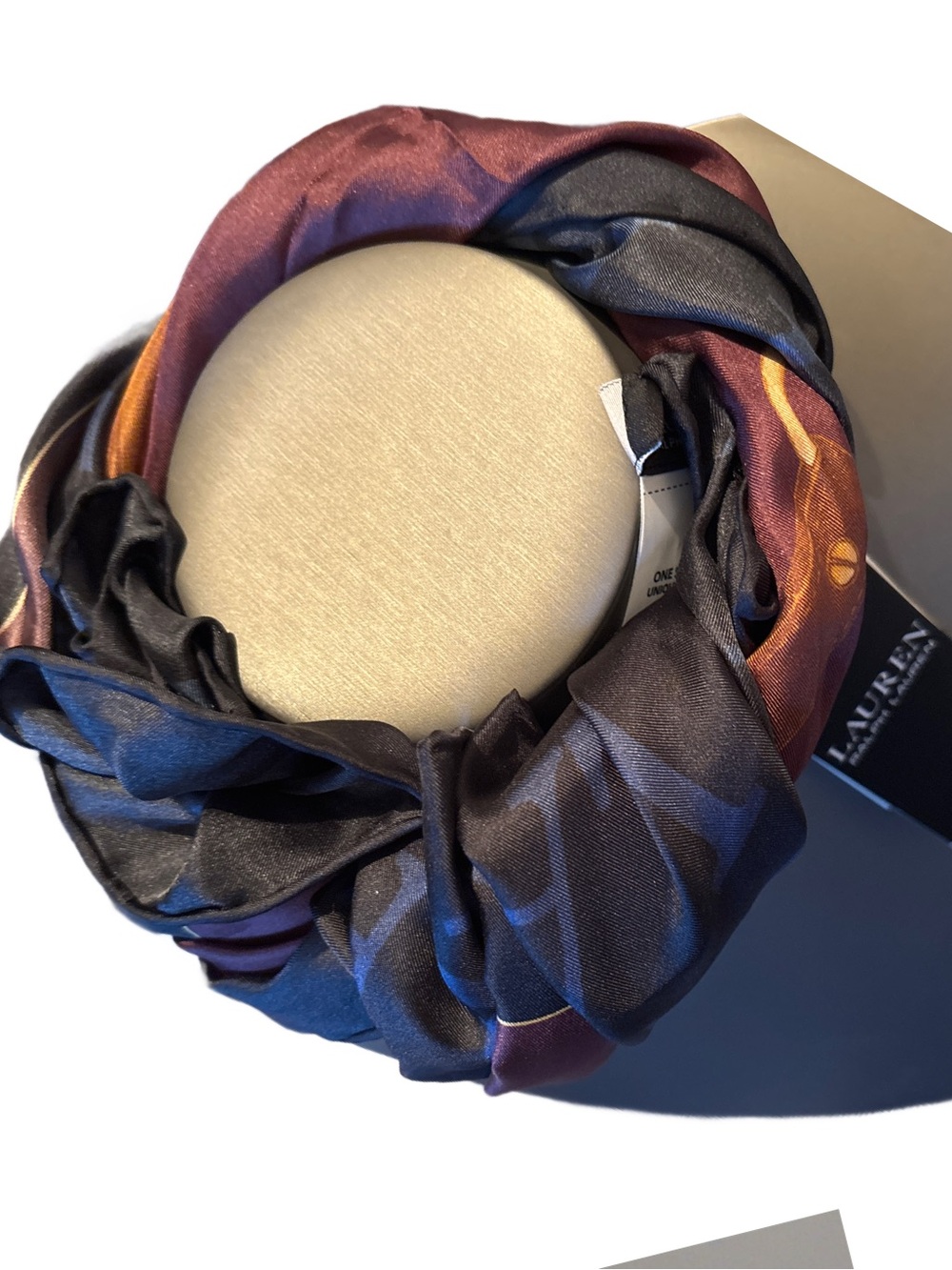 LAUREN “Ralph Lauren” Brown & Gold Equestrian 100% Print Silk Scarf